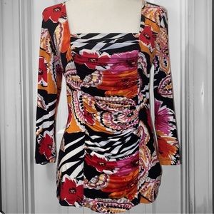 Vintage! Jon Den Ruched-front Bold-color Floral Print Blouse
